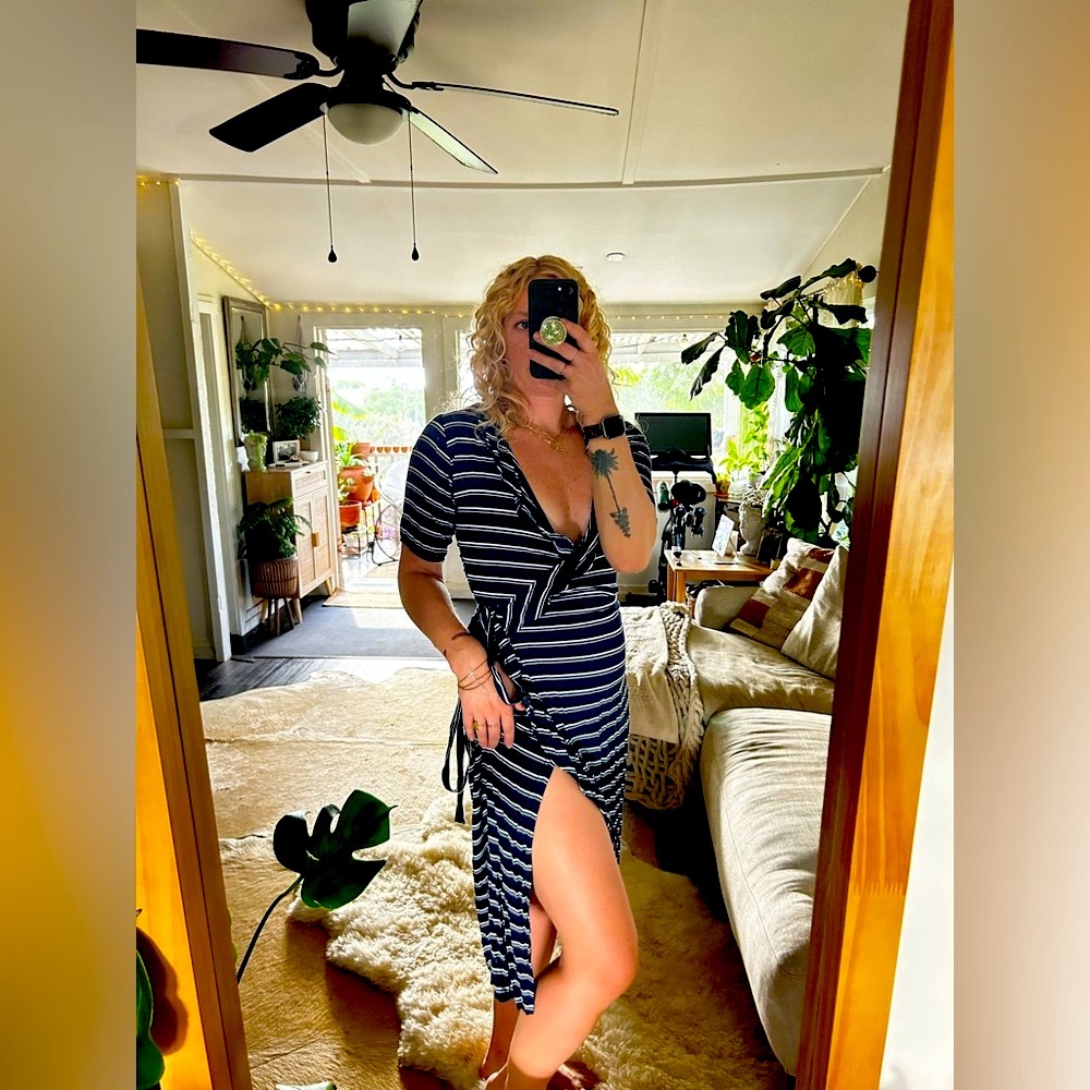 Navy Blue Stripped Wrap Dress